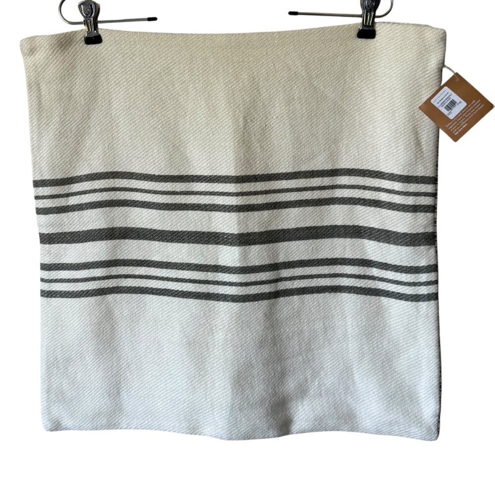 Pottery Barn New Pillow Cover Linen Cotton 20"x 20" Cream Green Stripe Casual